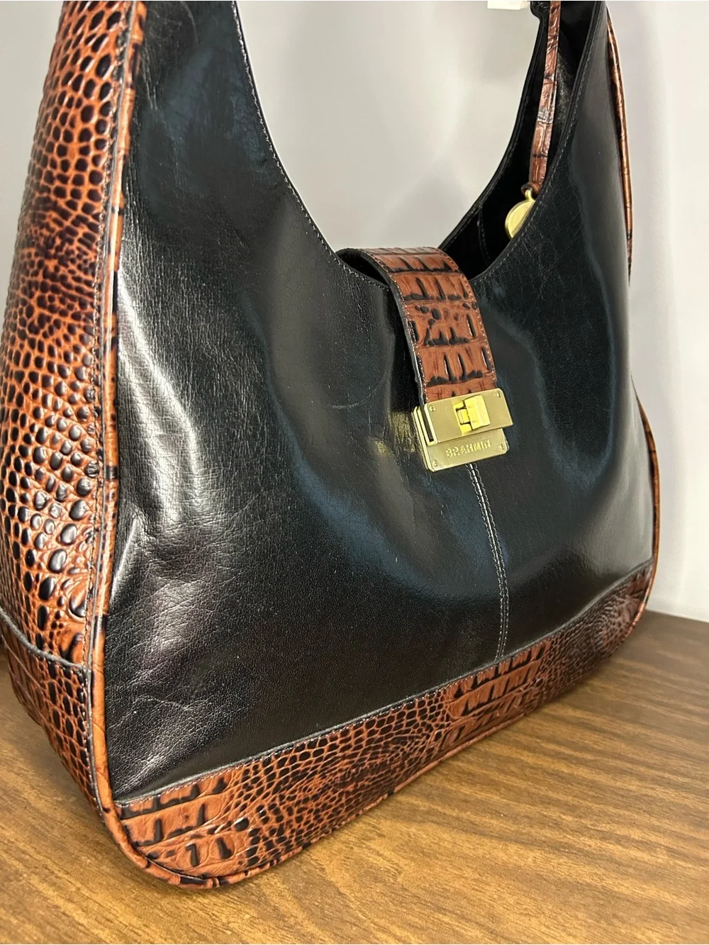 Brahmin Maggie Black Tuscan Croc Embossed Leather Hobo Shoulder Bag
